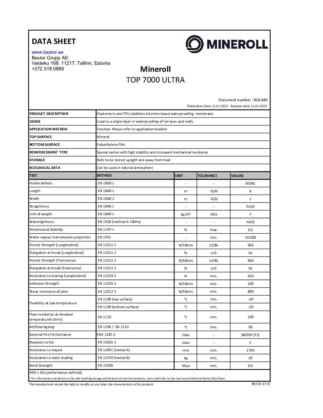 Mineroll TOP 7000 Ultra technical data sheet ENG