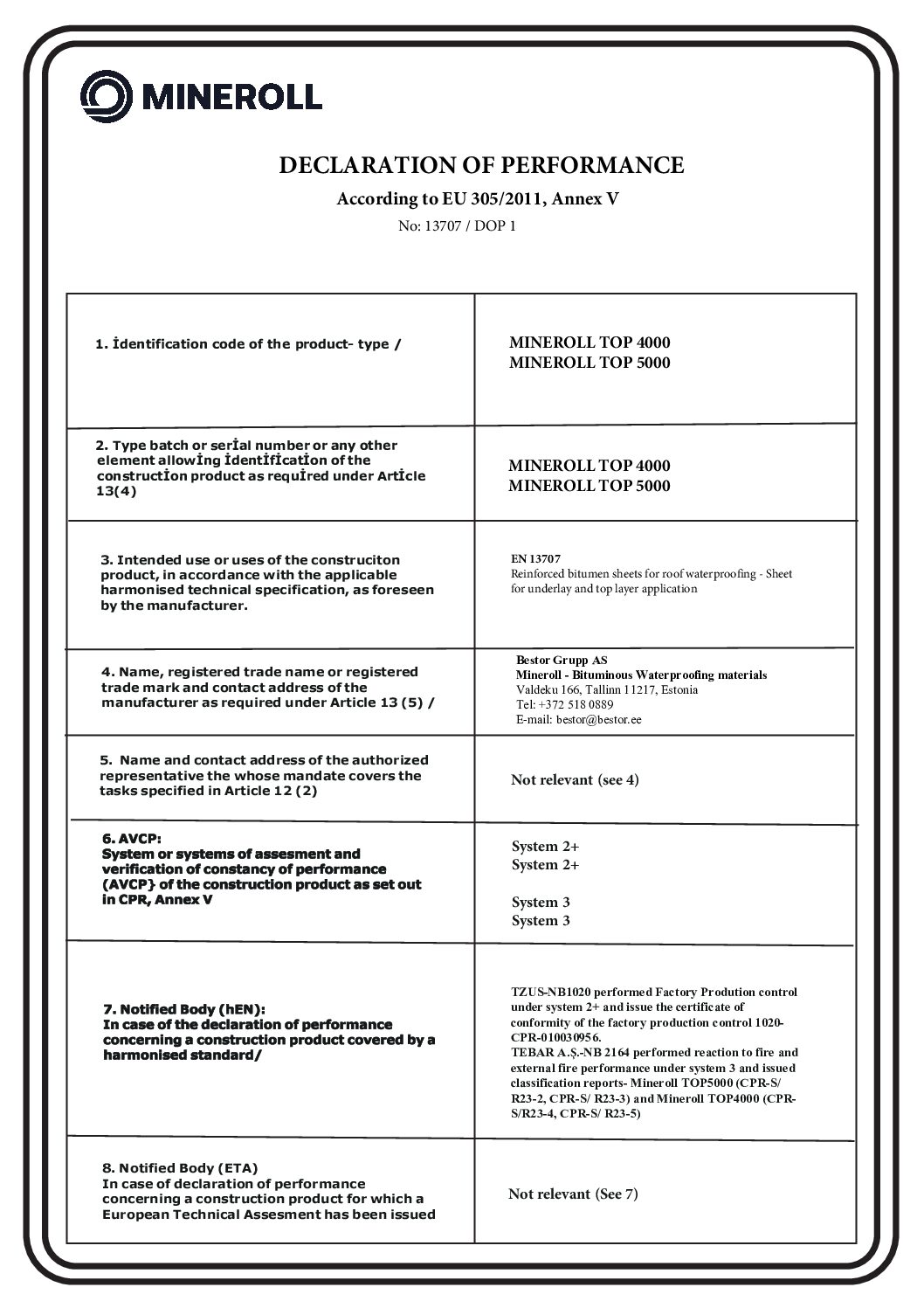 Mineroll TOP Declaration of Performance ENG