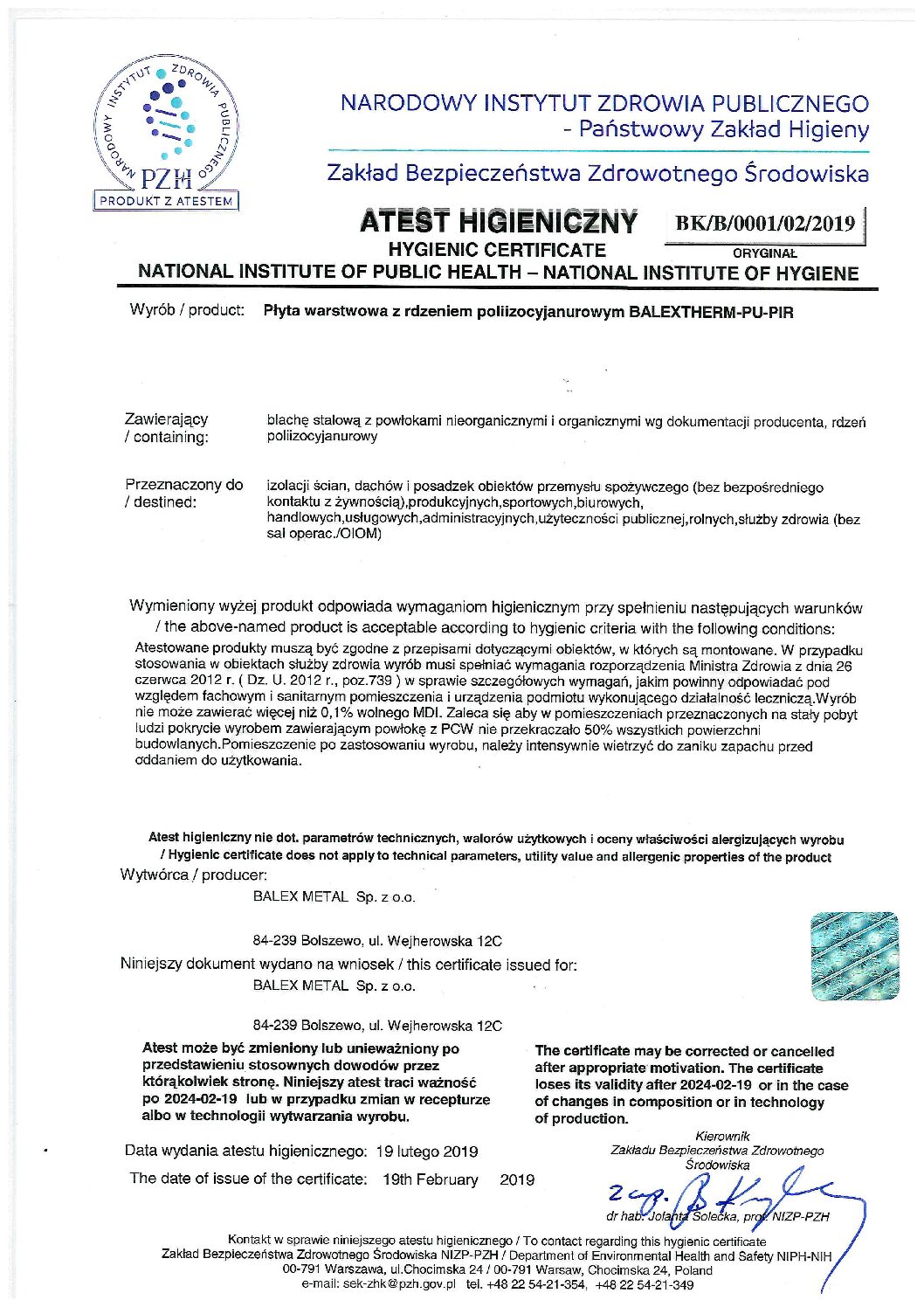 PU PIR Hygiene Certificate polyurethane core sandwich panel EN