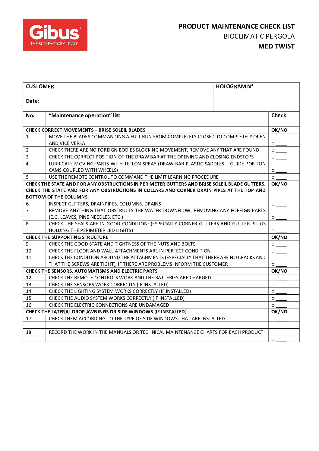Product maintenance check list_BIOCLIMATIC_MED TWIST_EN