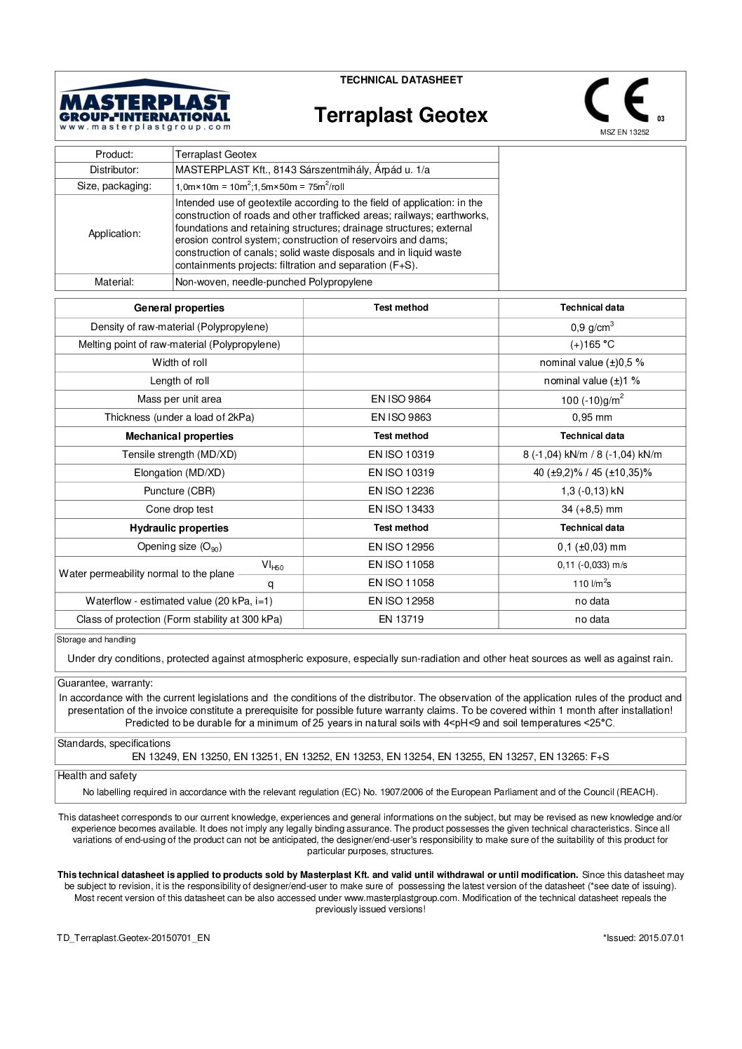 Terraplast Geotex technical datasheet EN