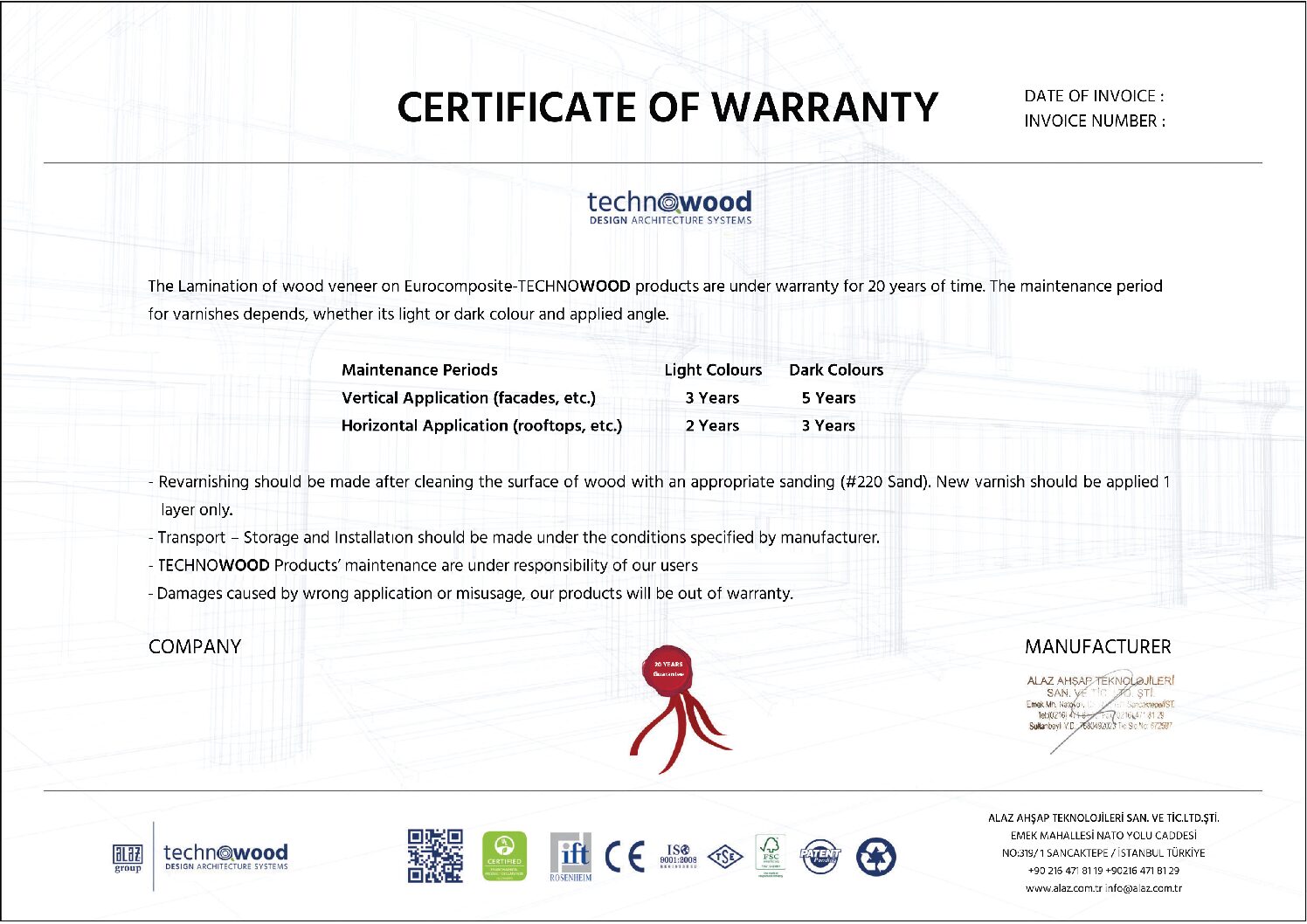 TECHNOWOOD Warranty Certificate