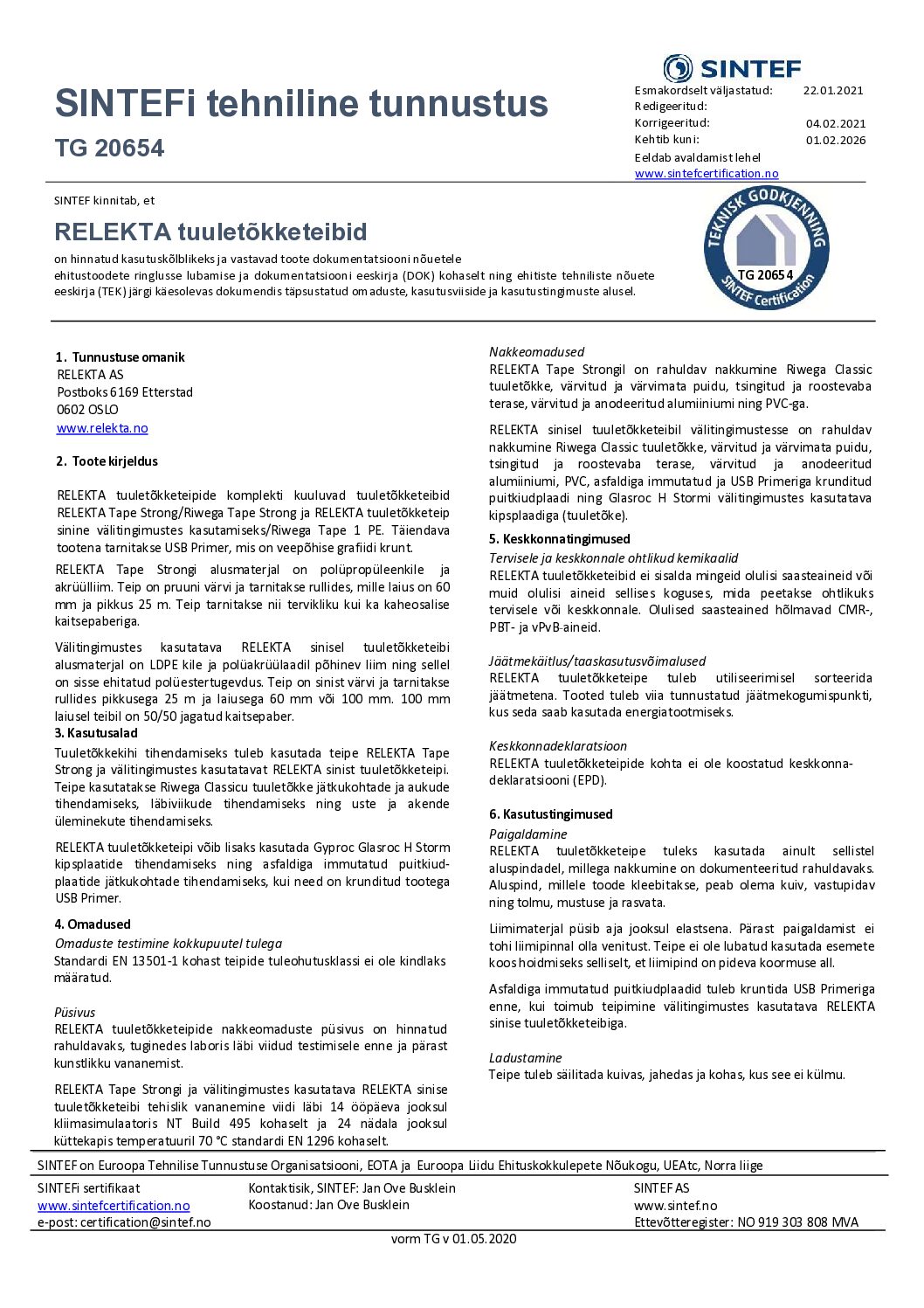 Riwega Tape 1 PE SINTEFi tehniline tunnustus