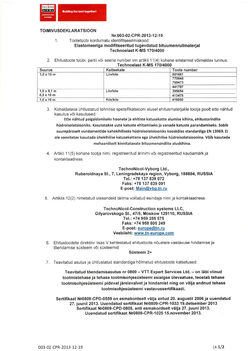 Technoelast  K-MS 170-4000_Toimivusdeklar