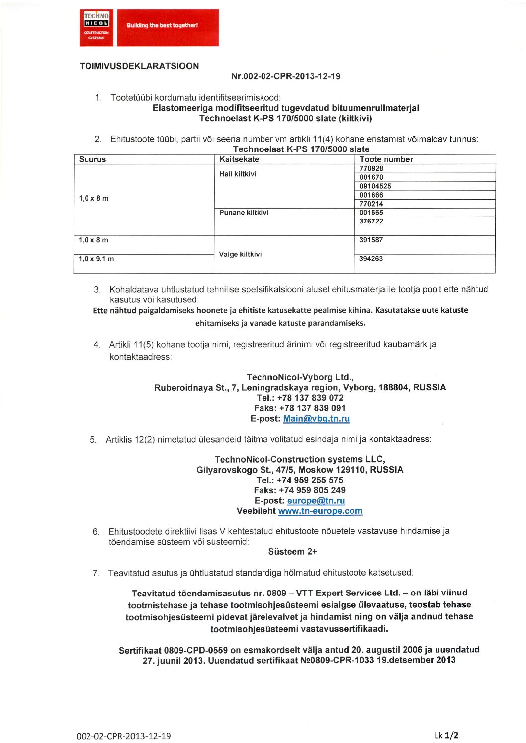 Technoelast K-PS 170- 5000 Toimivusdeklar
