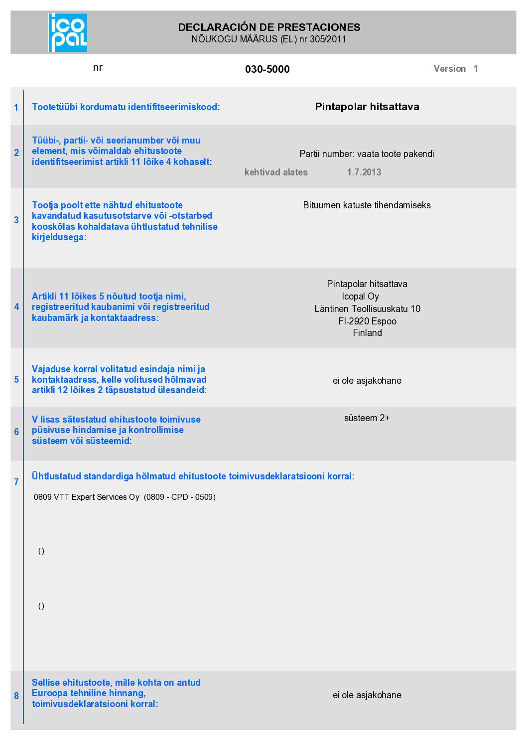 Icopal SBS pealiskate PintaPolar toimivusdeklaratsioon