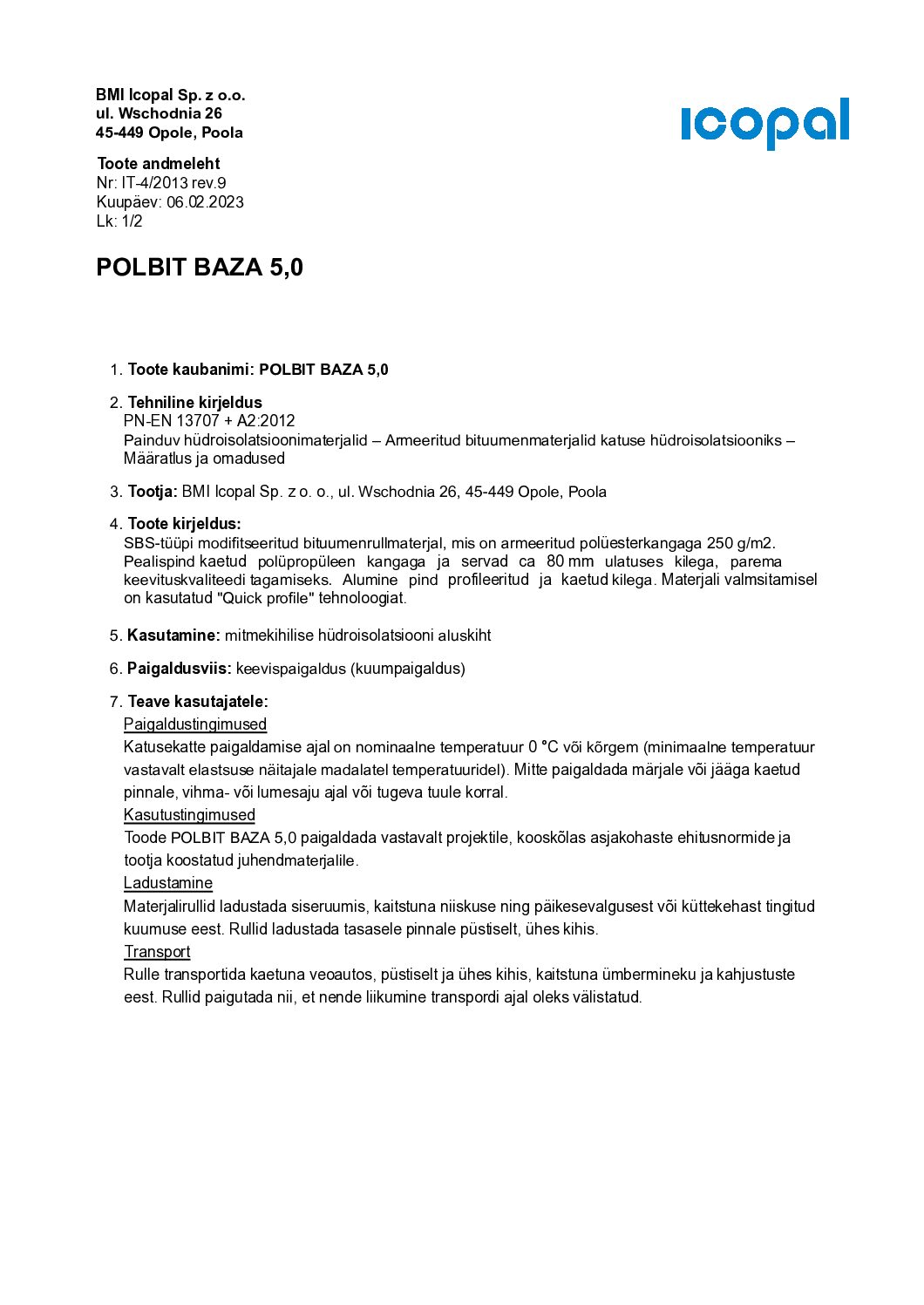 Tooteleht POLBIT BAZA 5.0