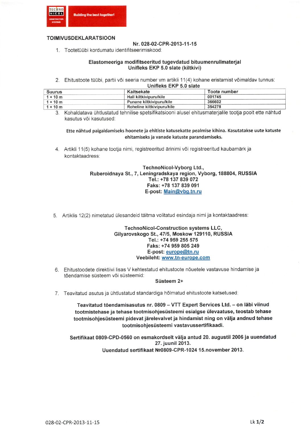 Unifleks EKP 5.0 slate_Toimivusdeklar ET
