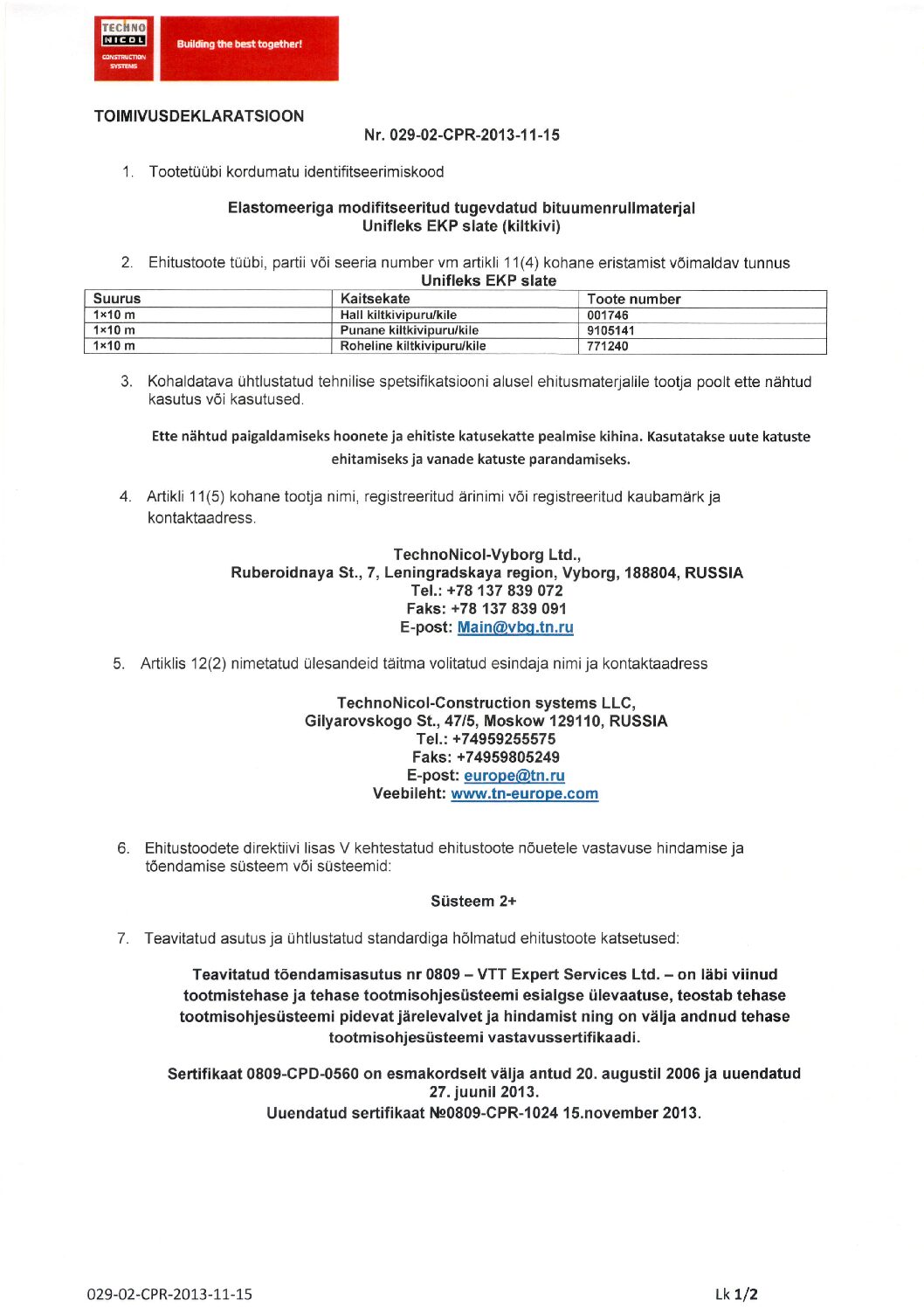 Unifleks EKP  slate_Toimivusdeklar