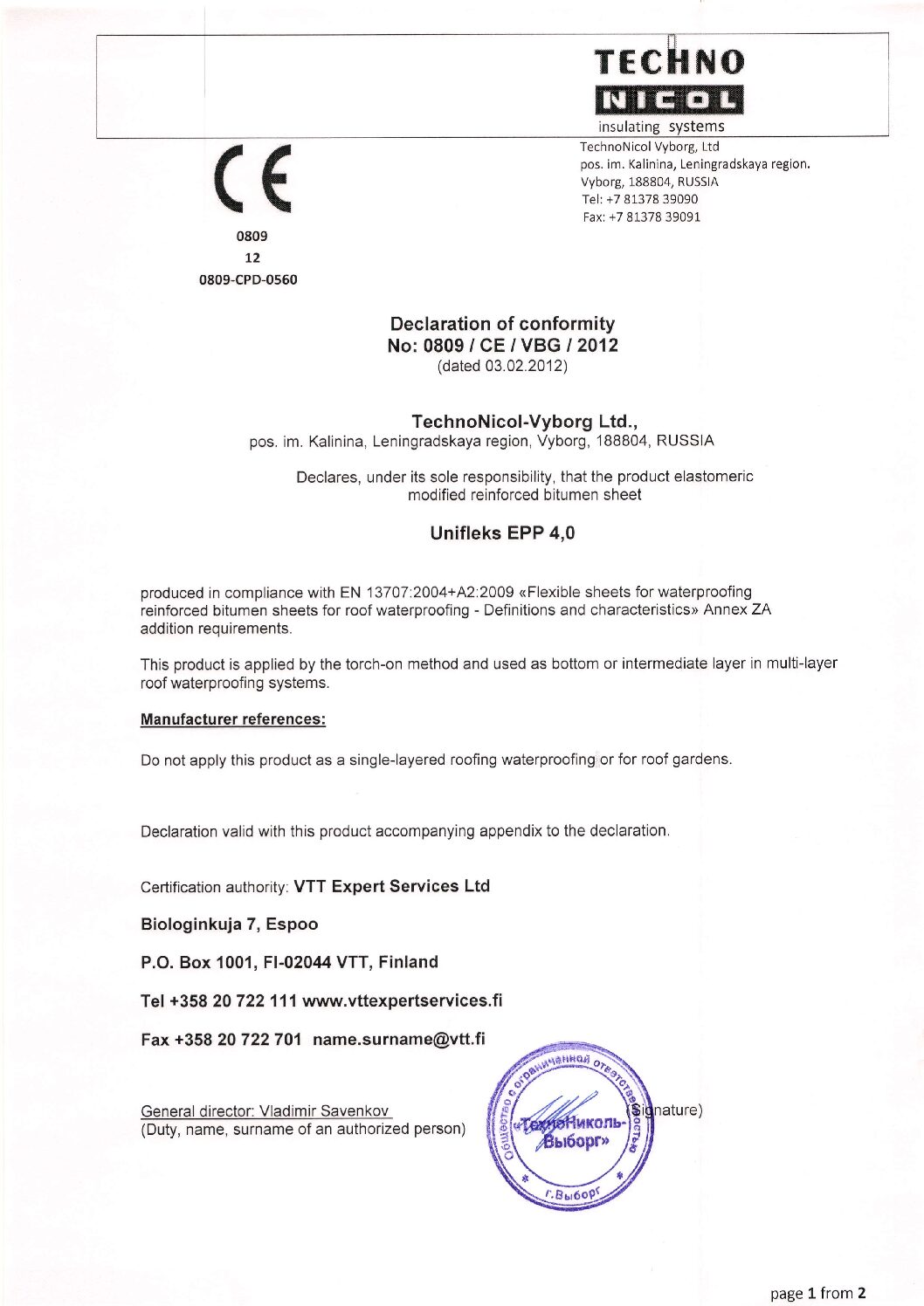 Unifleks EPP 4.0_Toimivusdeklar EN