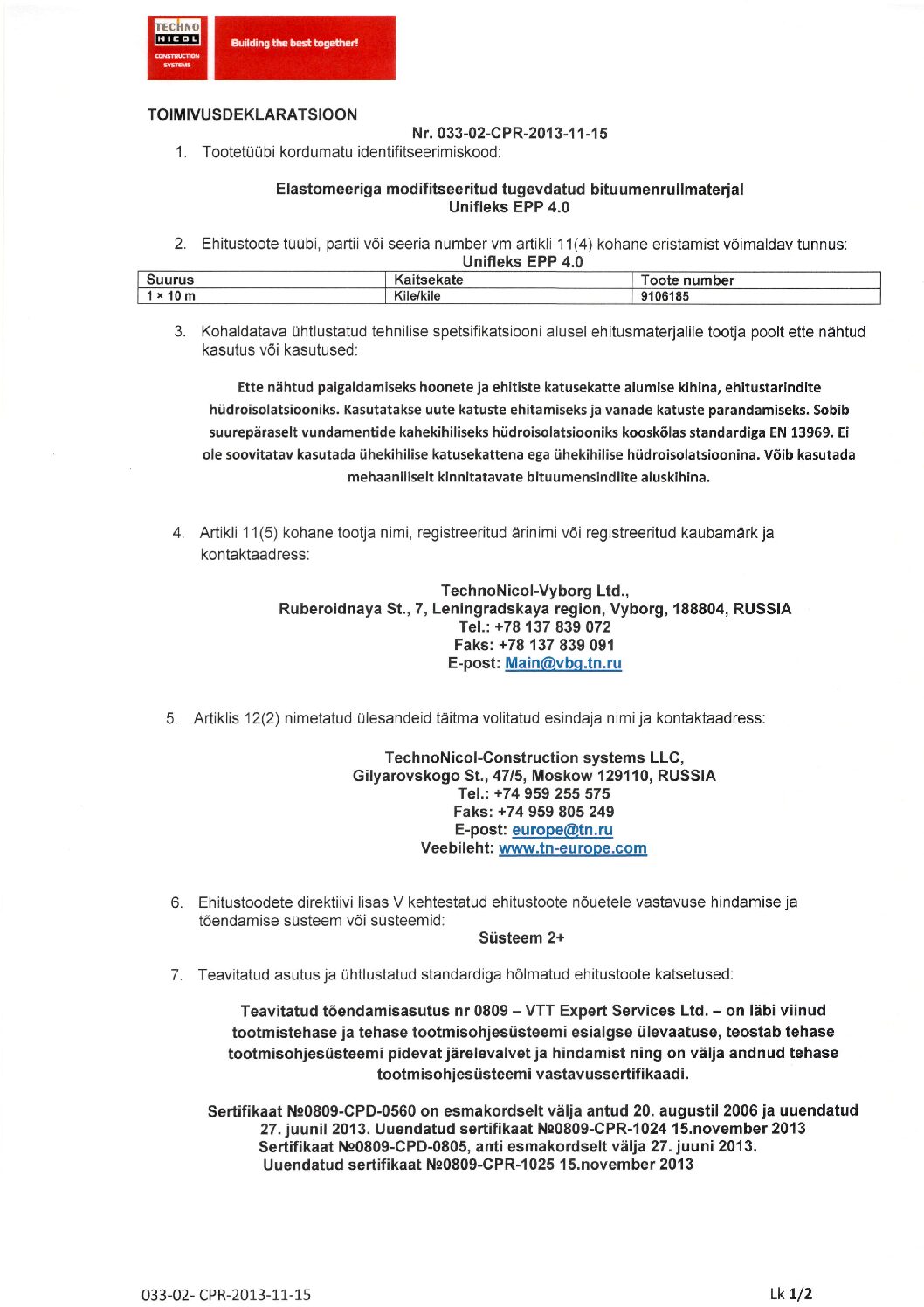 Unifleks EPP 4.0_Toimivusdeklar ET