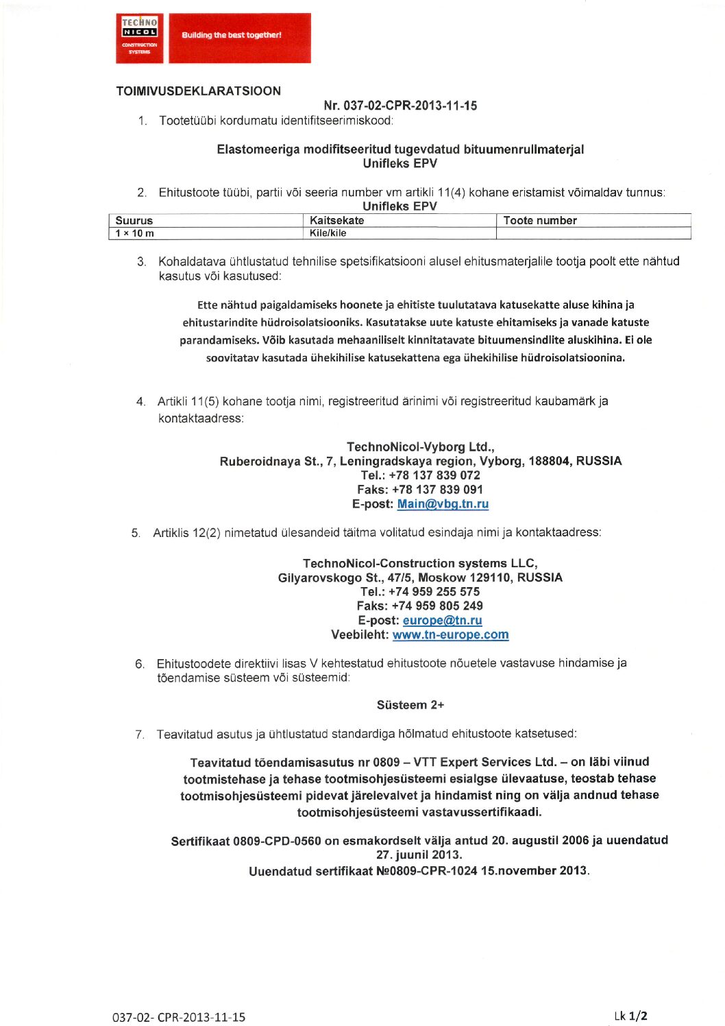 Unifleks EPV_Toimivusdeklar