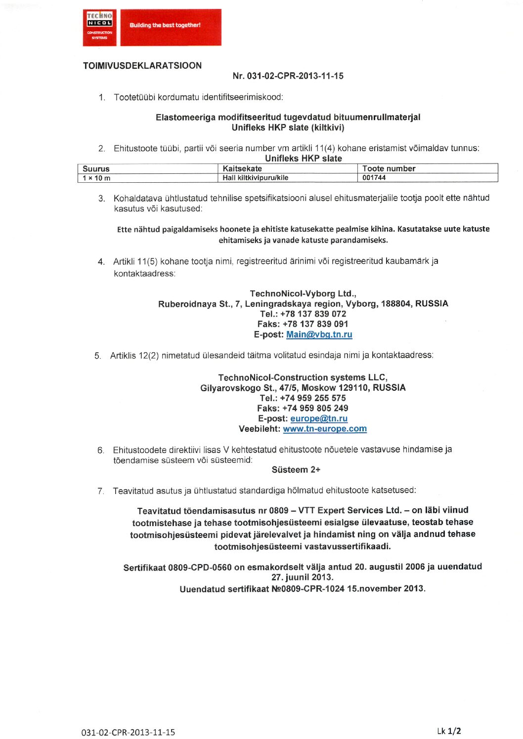 Unifleks HKP  slate_Toimivusdeklar