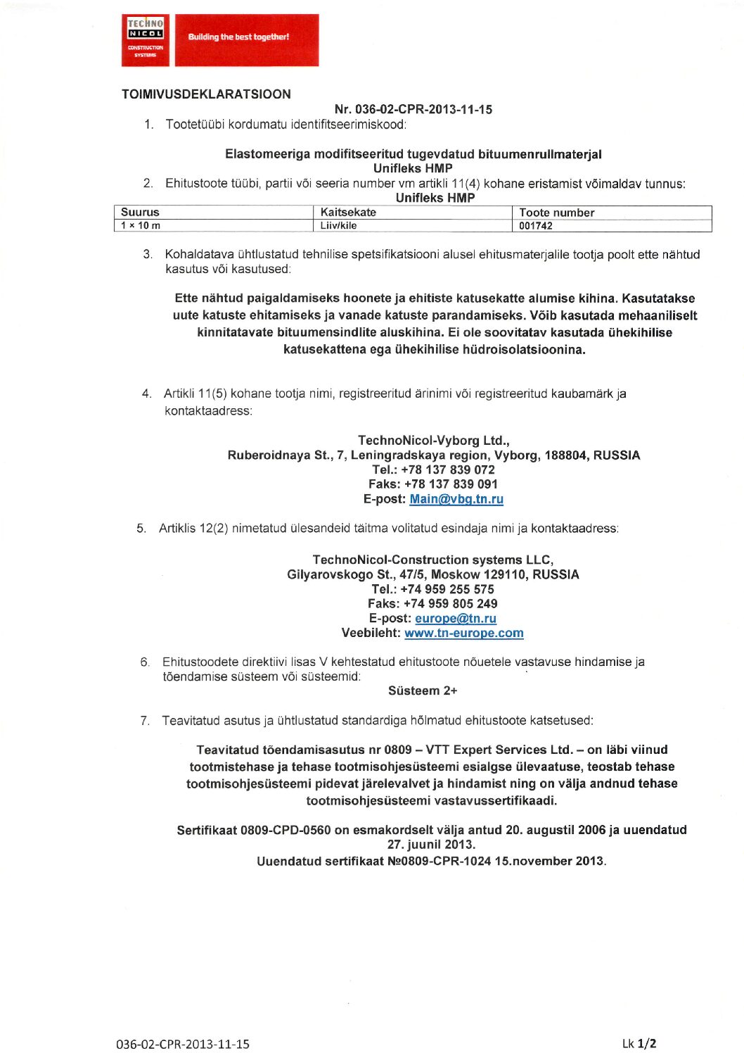 Unifleks HMP_Toimivusdeklar