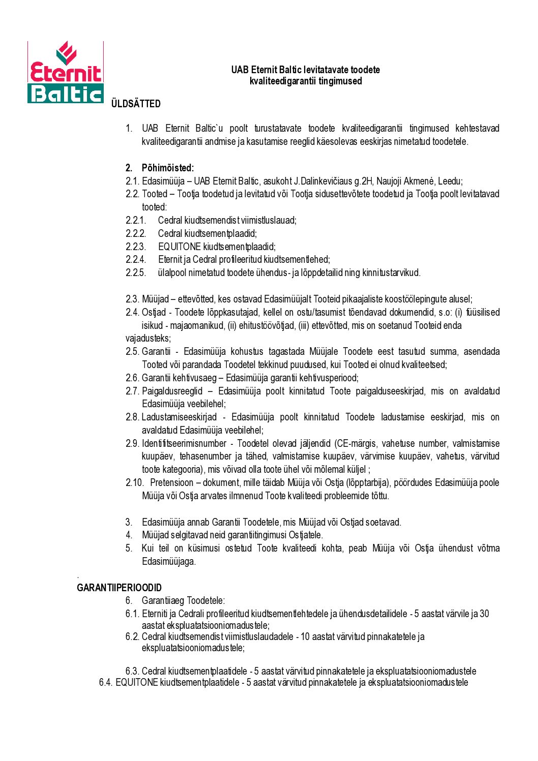 Eternit garantiitingimused