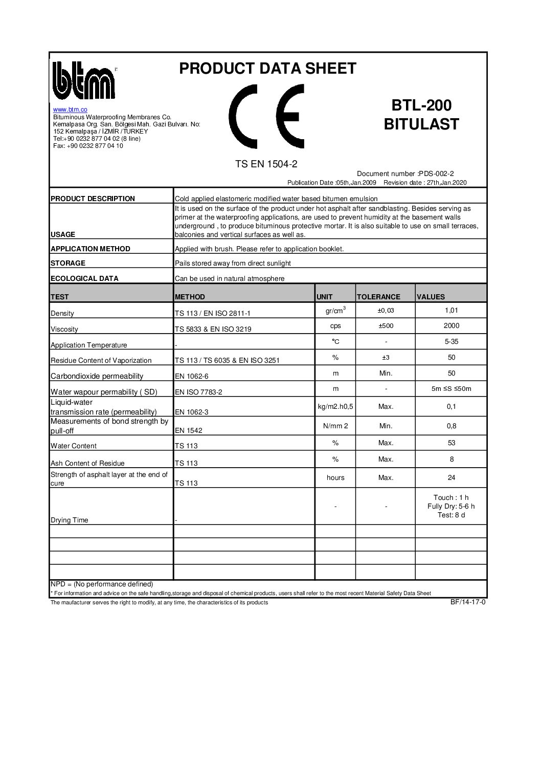 Hüdroisolatsiooni mastik BTL 200 andmeleht EN