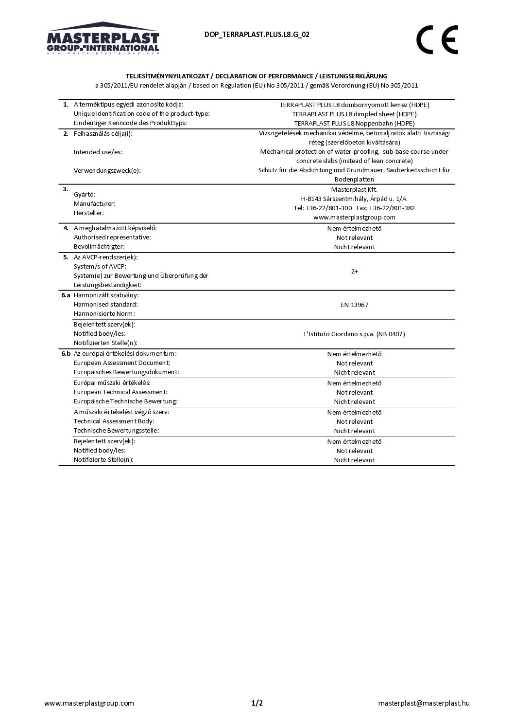 Terraplast Plus Declaration of Performance EN