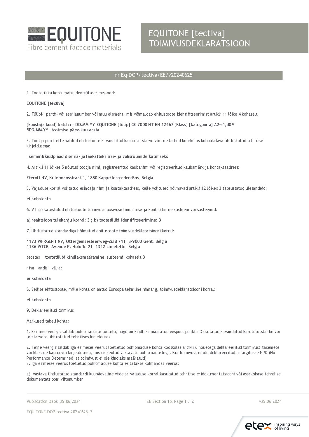Equitone Tectiva toimivusdeklaratsioon
