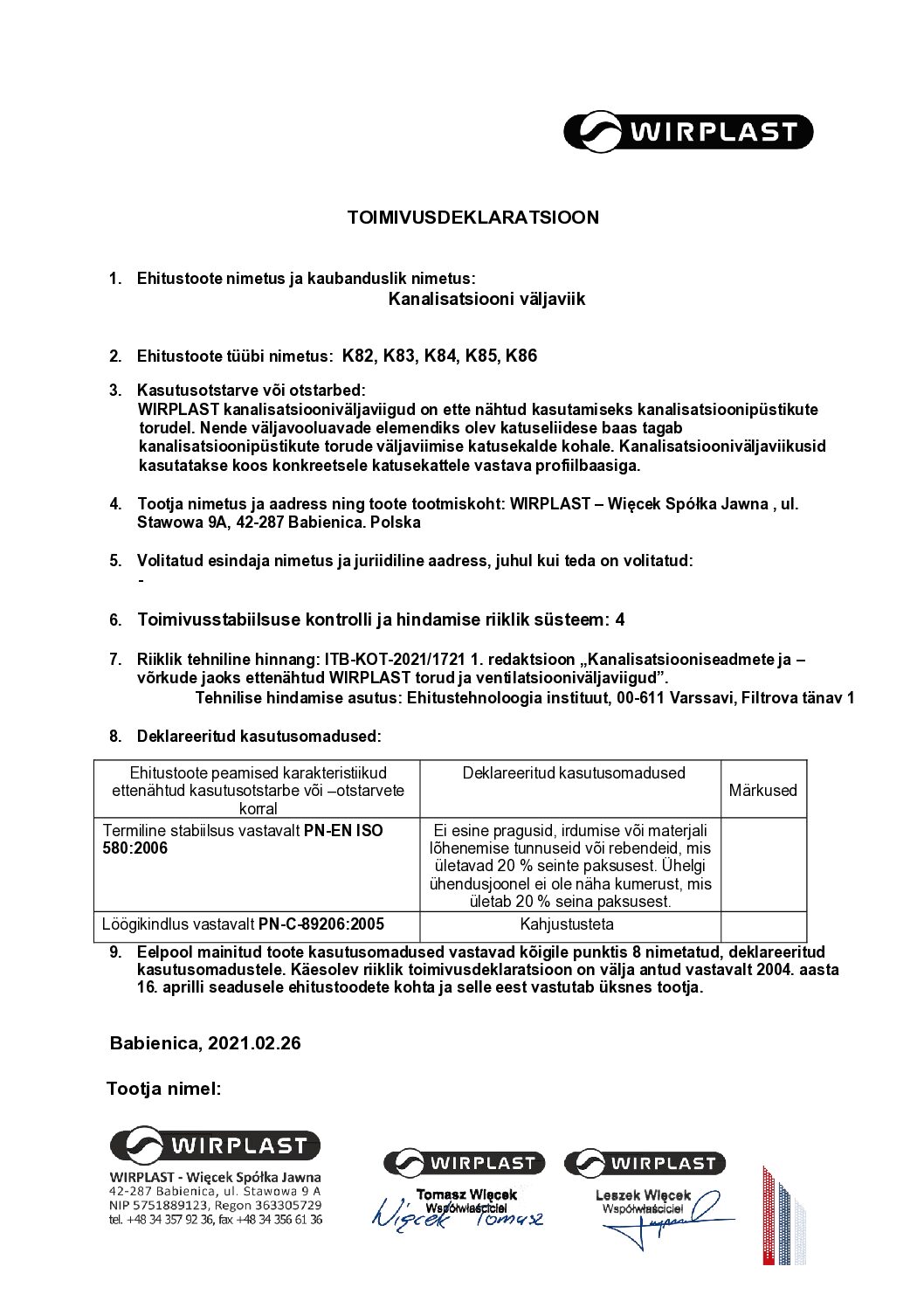 Wirplast läbiviikude toimivusdeklaratsioon ET