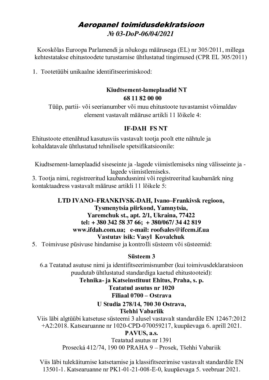 Aeropanel toimivusdeklaratsioon ET