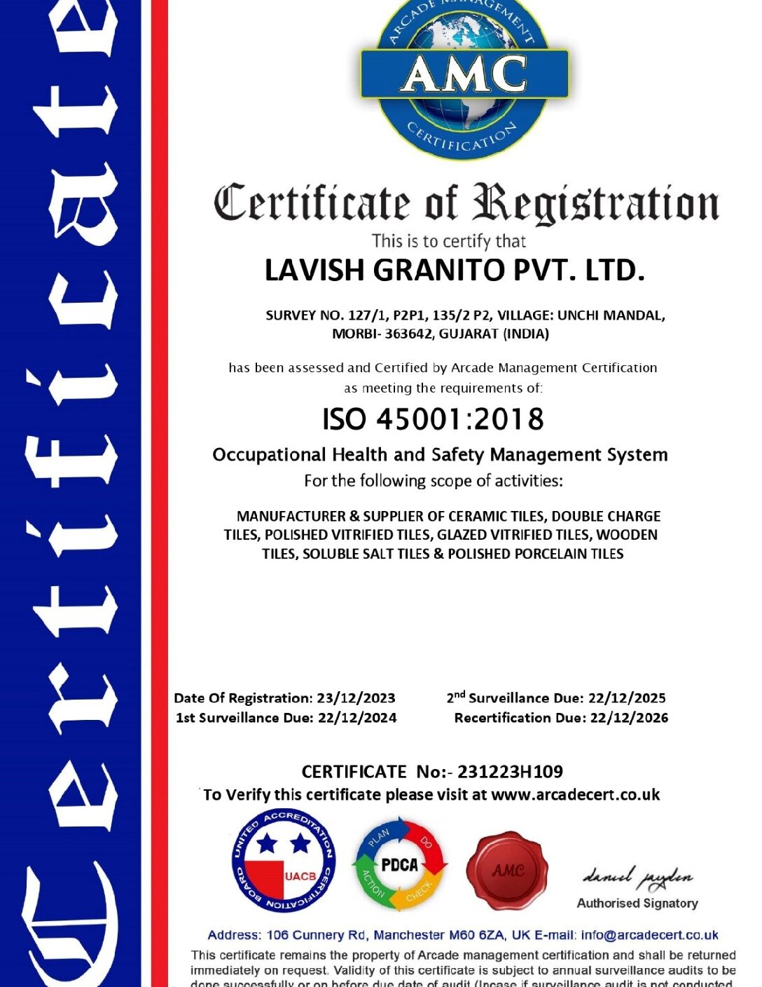 Lavish tööohutuse juhtimissüsteemi sertifikaat ENG