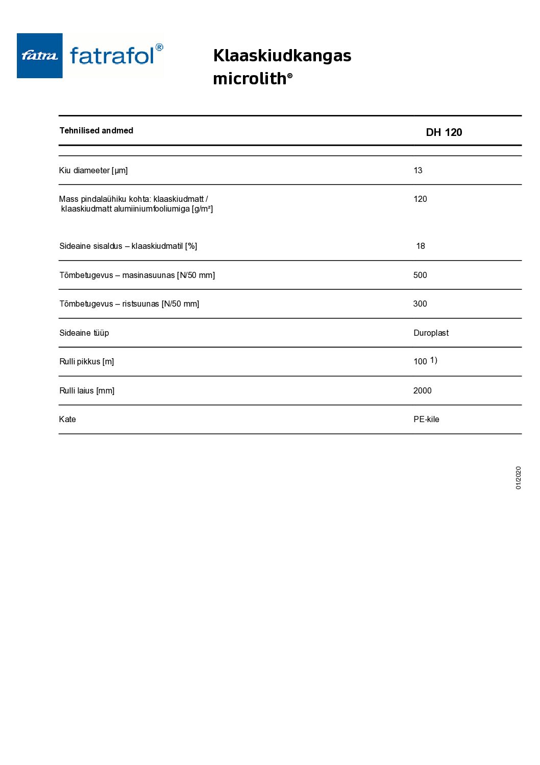 Klaaskiudkangas Fatrafol Microlith DH120 tehnilised andmed ET