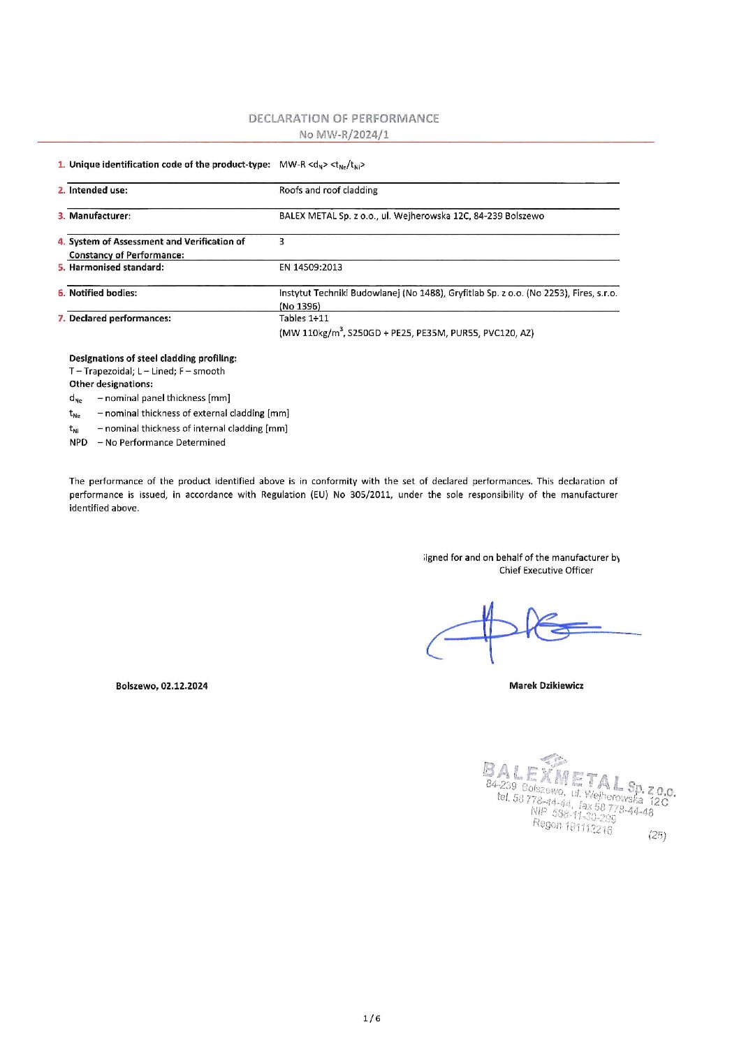 Toimivusdeklaratsioon mineraalvillast sandwich-katusepaneel Balex EN